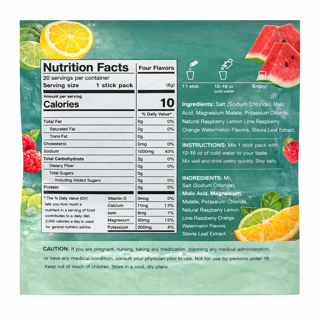 4 Flavors Electrolytes Drink Mix - Lemon Lime, Raspberry, Orange & Watermelon – 20 Stick Packs