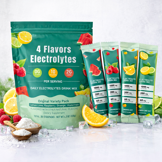 4 Flavors Electrolytes Drink Mix - Lemon Lime, Raspberry, Orange & Watermelon – 20 Stick Packs