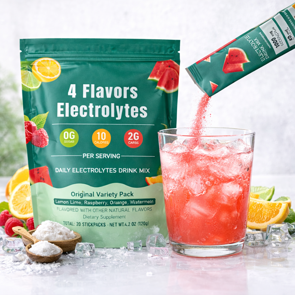 4 Flavors Electrolytes Drink Mix - Lemon Lime, Raspberry, Orange & Watermelon – 20 Stick Packs