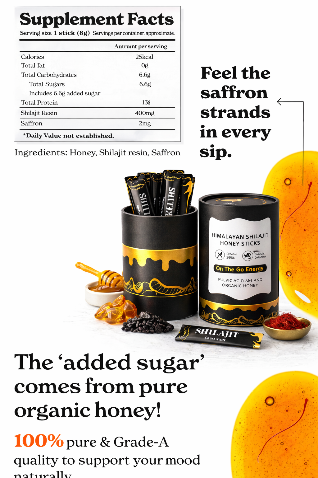 Pure Organic Himalayan Shilajit Honey Sticks & Kashmir Saffron  (2 Pack) 60 sticks