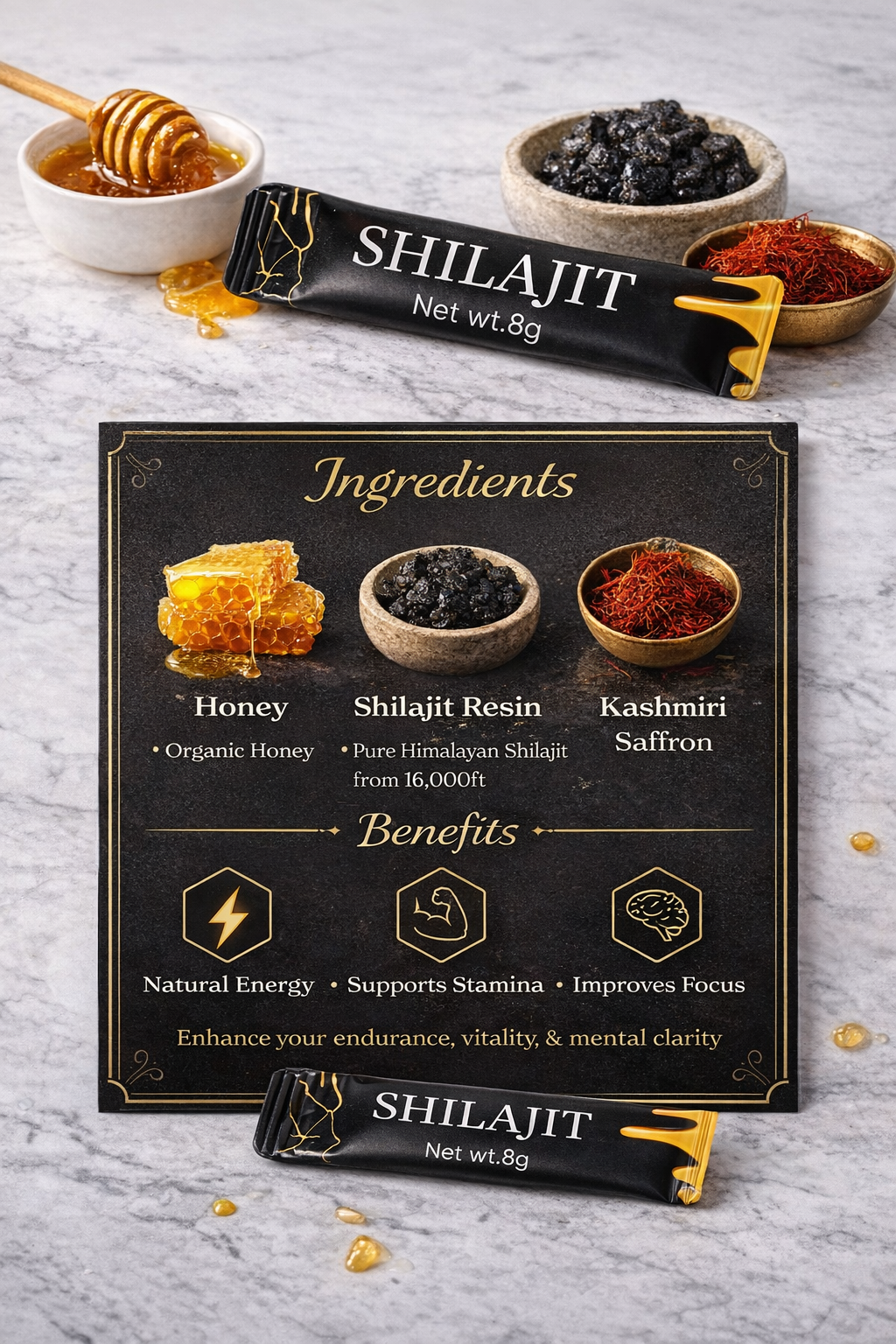 Pure Organic Himalayan Shilajit Honey Sticks & Kashmir Saffron  (2 Pack) 60 sticks