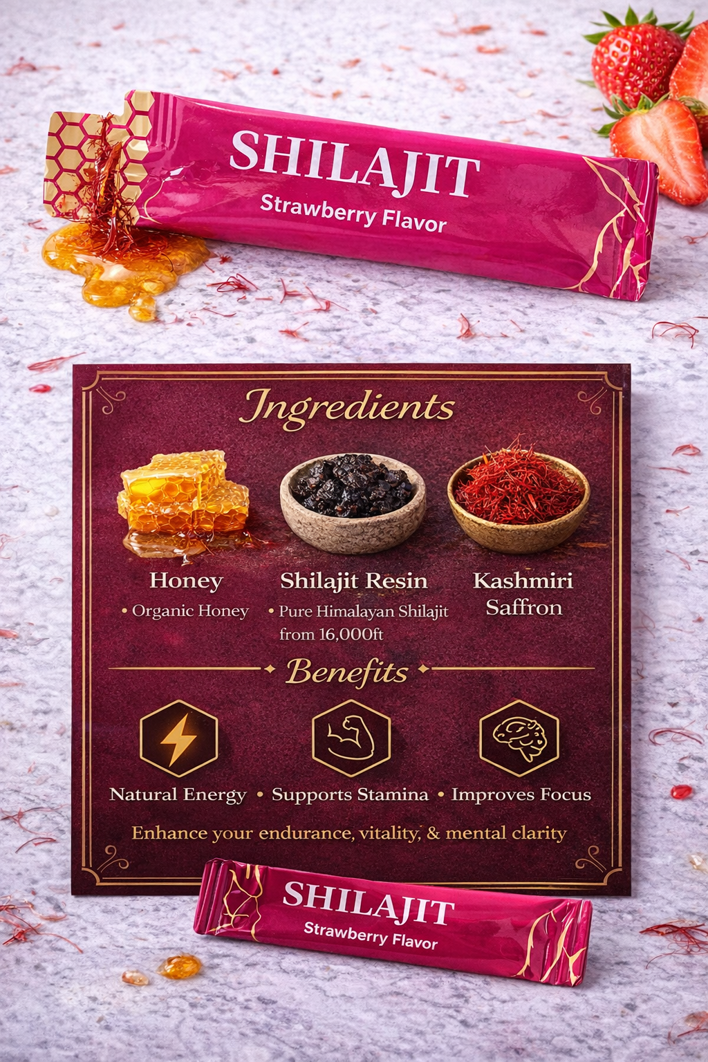 Pure Organic Himalayan Shilajit Honey Sticks & Kashmir Saffron  (2 Pack) 60 sticks